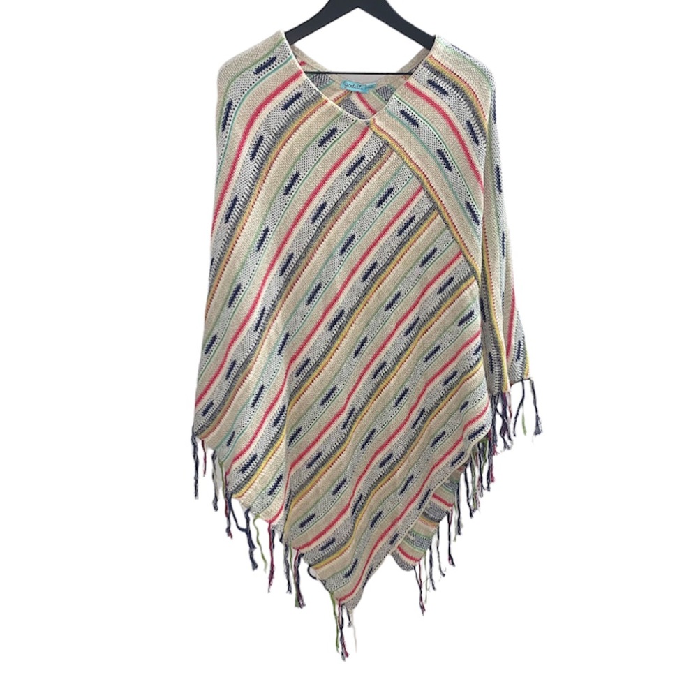 GODDIS Multicolored Boho Hippie Festival Oversized Fringe Shawl Poncho S/M